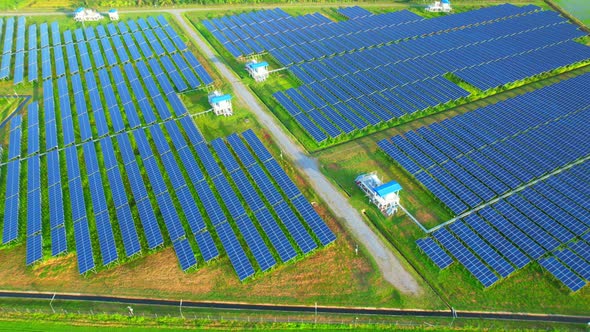 Aerial Top View of Solar Farm. 4k drone footage.