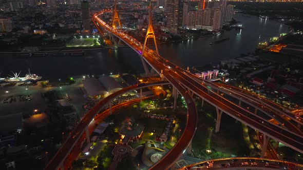 Aerial View of Bhumibol Bridge in Samut Prakan Bangkok Thailand