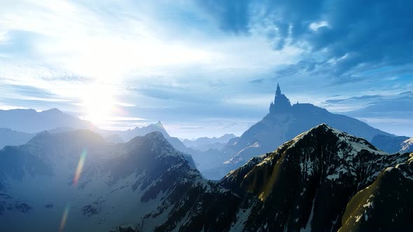 Mountain Landscape And An Old Fortress On A Rock.