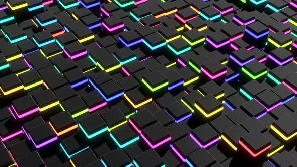 Dark Background Waves of Cubes on Plane and Neon Lights