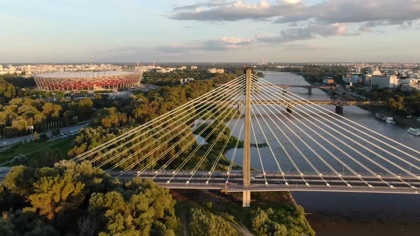 Drone view of Swietokrzyski Bridge and National Stadium in Warsaw, Poland