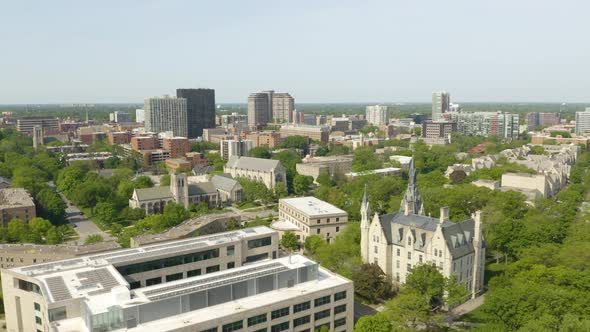 Aerial View of Downtown Evanston, Illinois on Beautiful Summer Afternoon