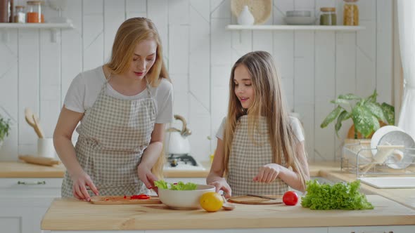Caucasian Mother and Teen Daughter Wearing Aprons Cooking Together in Home Kitchen Cutting Red
