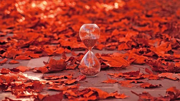 Transparent Hourglass with Sparkles Among Fallen Dry Leaves