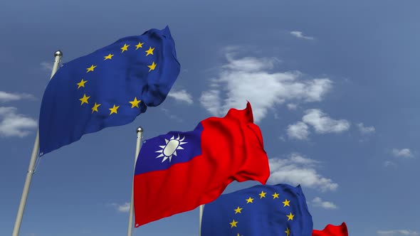 Row of Waving Flags of Taiwan and the EU