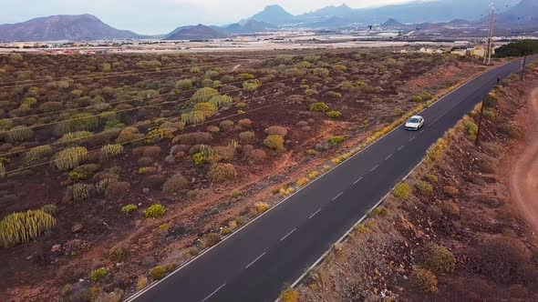 Top View of a Car Rides Along a Desert Road