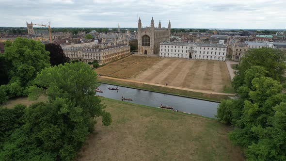 Punts on River Cam Cambridge England summer drone aerial view 4K footage