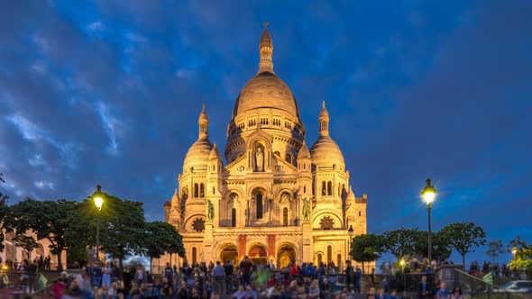 Frontal View of Sacre Coeur Sacred Heart Cathedral Day to Night Timelapse