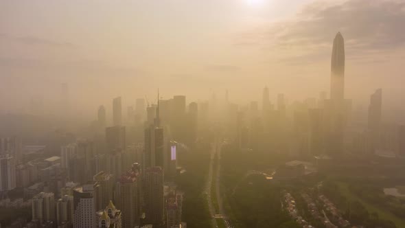 Shenzhen City in Morning in Haze. China. Aerial View