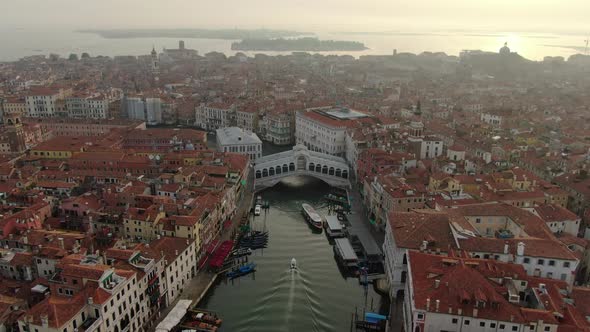 Aerial view of Rialto Bridge: the oldest bridge on Grand Canal in Venice, Italy