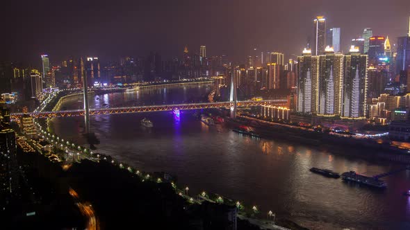 Night Yangtze River Among Chongqing City in China Timelapse