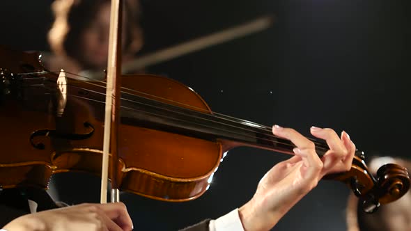 Women Bows Over the Strings of a Violin in a Room