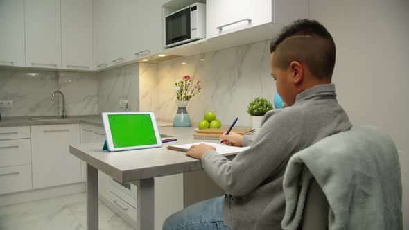 Back View of School Boy Doing Schoolwork Online Via Tablet Indoors