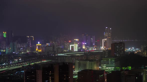 Night Macao and Zhuhai on Portas Do Cerco in China Timelapse