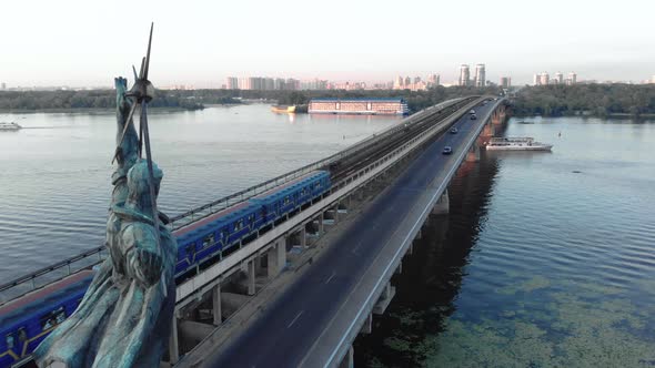 Aerial View of the Metro Bridge. Station Dnipro. Kyiv, Ukraine.