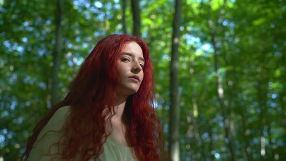 Girl with long red hair into the woods