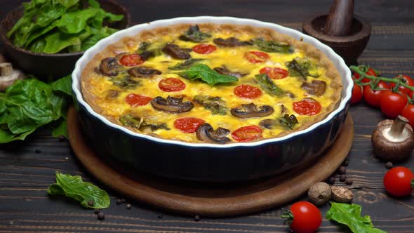 Baked Homemade Quiche Pie in Ceramic Baking Form