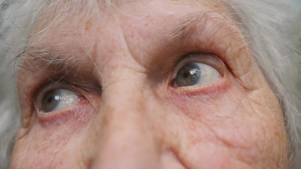 Eyes of Old Woman Moving From Side To Side and Then Looking Into Camera. Eyes of an Elderly Lady