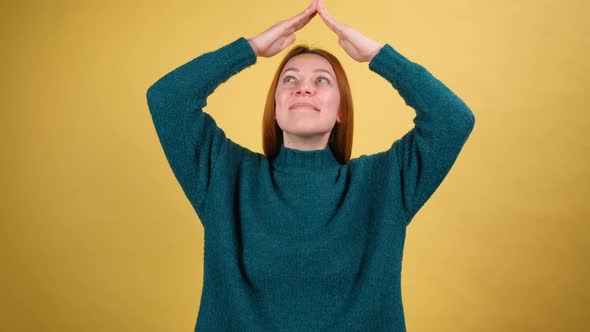 Young Red Hair Woman Posing Isolated on Yellow Color Background Studio