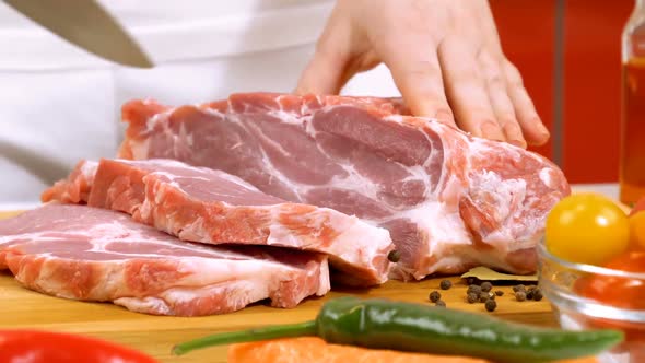 Slicing Fresh Raw Meat for Cooking