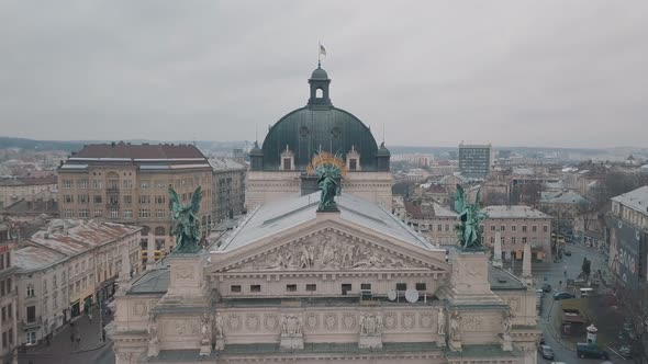 Aerial City Lviv, Ukraine. European City. Popular Areas of the City. Lviv Opera