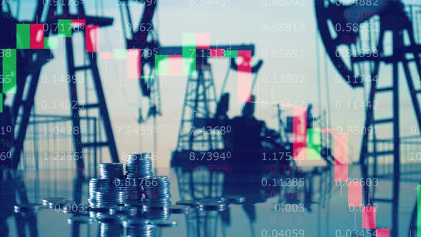 Stock Charts Coins and Pumpjacks on a Multilayered Screen