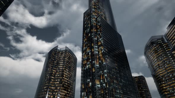 Glass Skyscrpaer Office Buildings with Dark Sky