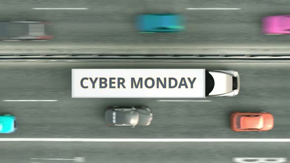 Semitrailer Trucks with CYBER MONDAY Text alt