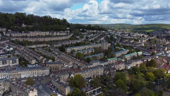 Aerial over traditional and historical architecture in the city of Bath, UK.