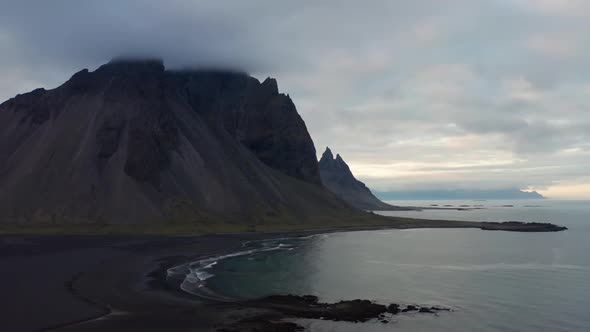 Drone Above Black Sand Beach With Vestrahorn Mountain