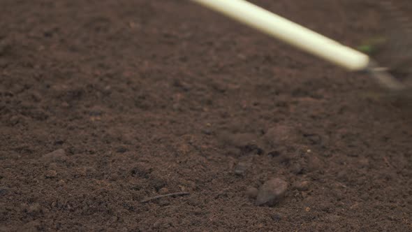 Raking fertile composted soil CLOSE UP