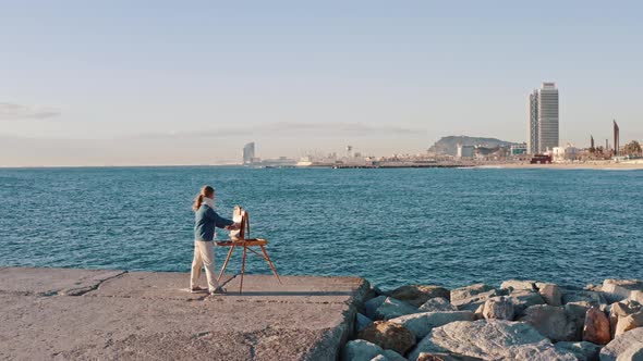 Woman Painter Prepare Artwork Capture Amazing View of Barselona Bay