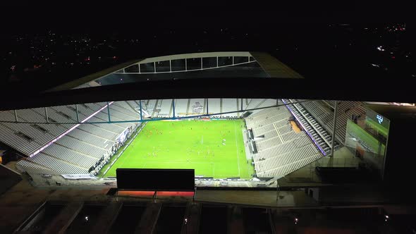 Brazilian sports event cityscape at Sao Paulo city at night.