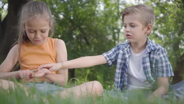 Two Funny Kids Sitting on the Grass in the Park Playing. The Boy Takes Ladybug From Girl's Hand. A