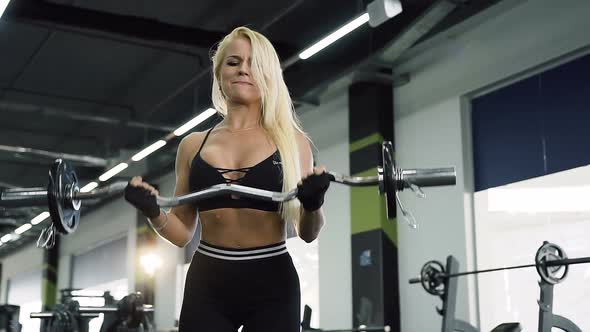Hard Working Girl Pumping Biceps Using Barbells During Training in the Gym