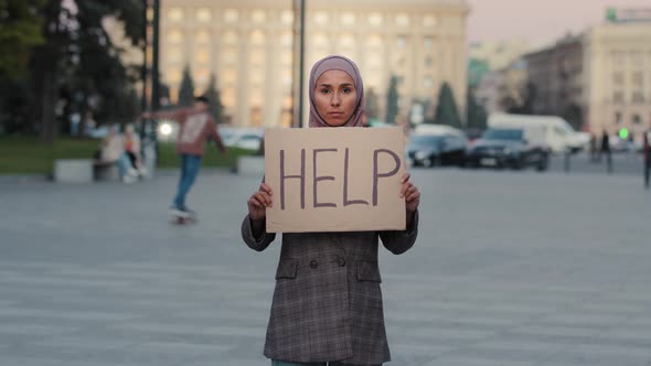 Muslim Sad Upset Worried Woman Wearing Hijab Islamic Frightened Poor Girl Standing in City on Street