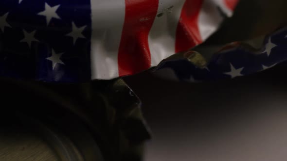 Rotating shot of bottle caps with the American flag printed on them - BOTTLE CAPS 038