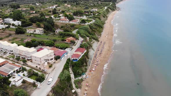 Aerial footage at beautiful small town of St George South in the city of Corfu Greece