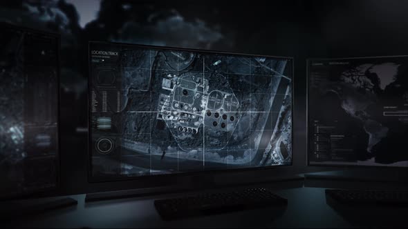 Futuristic Military Security Surveillance Program UI Displaying Aerial View