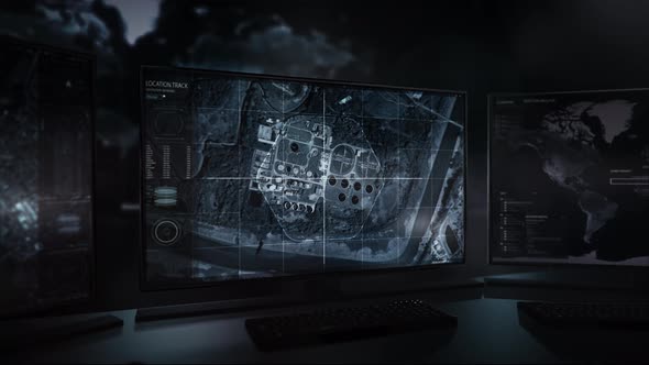 Futuristic Military Security Surveillance Program UI Displaying Aerial View alt