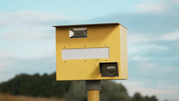 Speed control at the road. Speed camera takes photos of cars. Slow down. Closeup