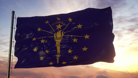 Flag of Indiana Waving in the Wind Against Deep Beautiful Sky at Sunset