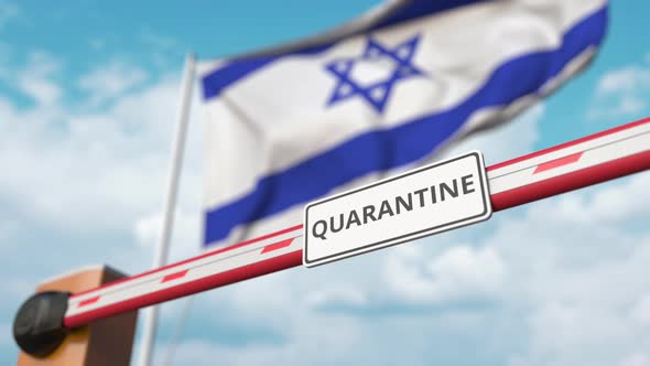 Open Boom Gate with QUARANTINE Sign at the Flag of Israel