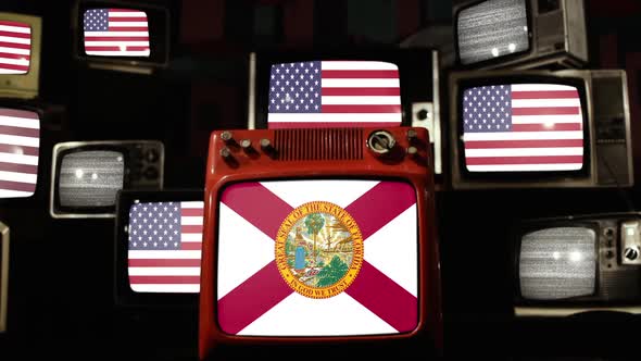 Flag of Florida and US Flags on Retro TVs.