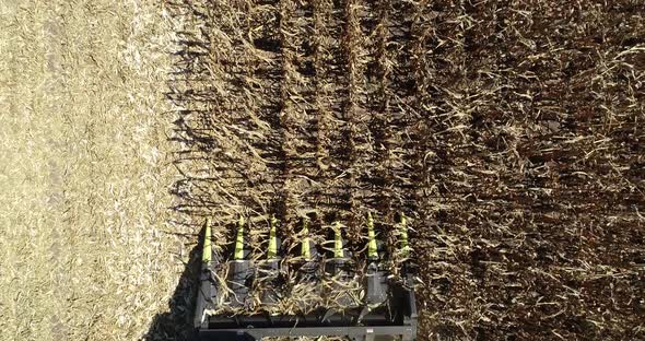 Top down view combine Harvester. Close up agment, header. Modern Combine Harvesting corn