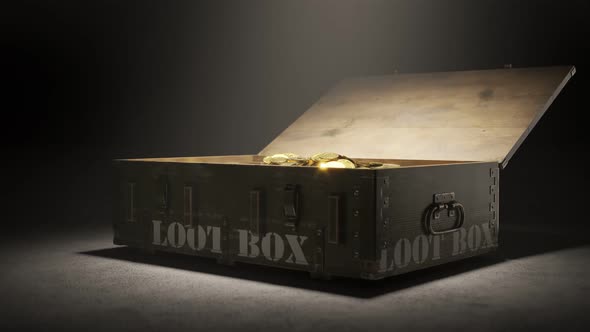 Animation of a wooden loot box full of shiny gold coins. Old, military container