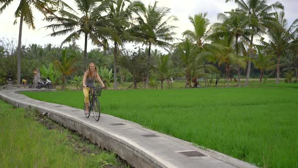 A Young Woman Rides Through the Beautiful Rice Field on a Bicycle. Travel To South-East Asia Concept