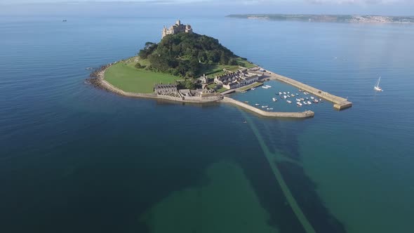 St Michaels mount in Cornwall on a sunny day, aerial view