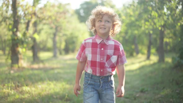 Medium Shot Portrait of Smiling Cute Little Boy Strolling in Sunrays in Spring Summer Park