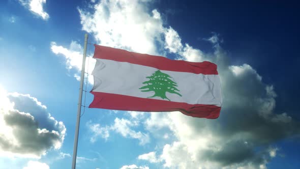 Flag of Lebanon Waving at Wind Against Beautiful Blue Sky